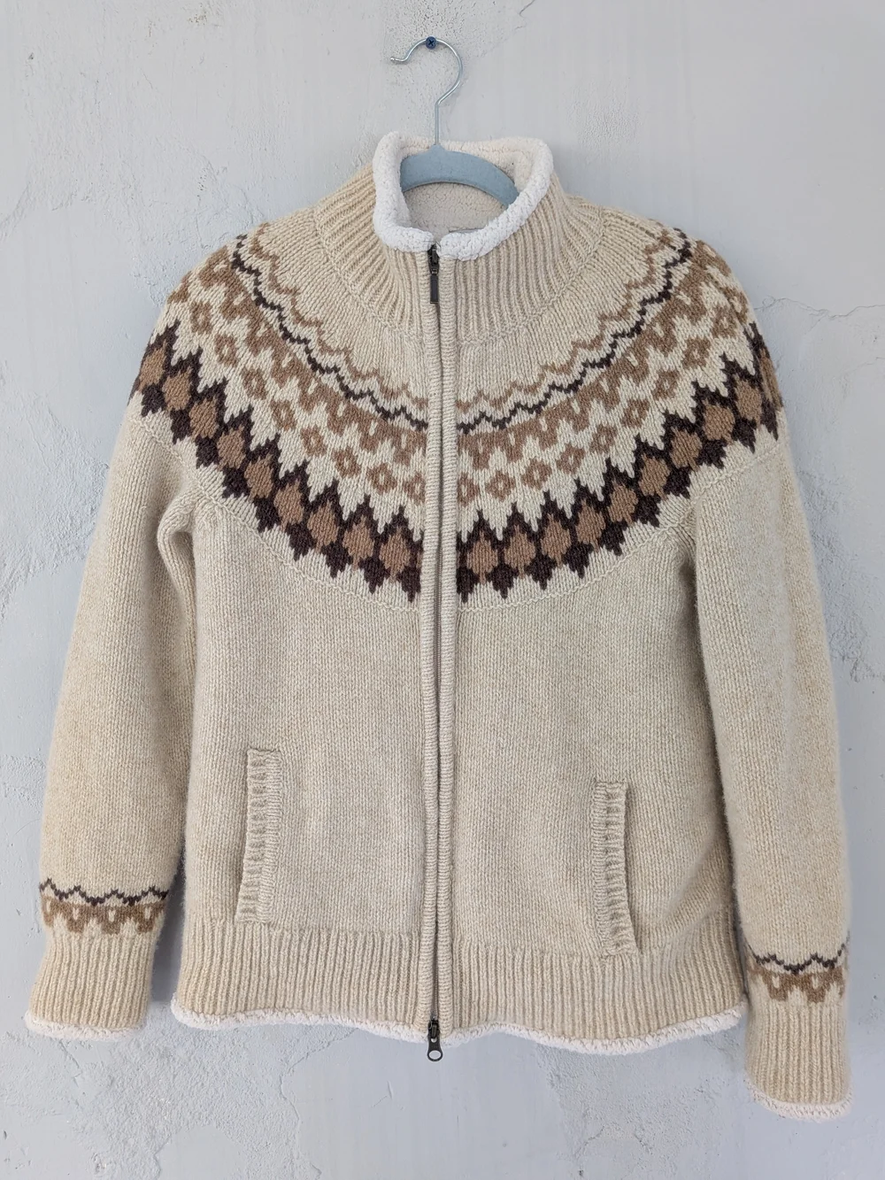 L.L. Bean Cream Zip-Up Fair Isle Wool Sweater with Brown Accents